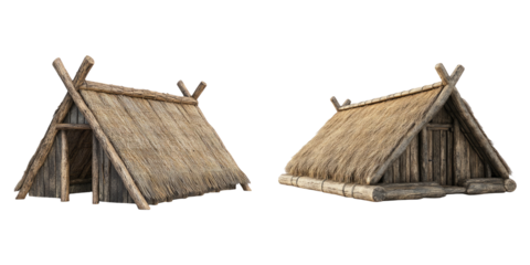 Wooden huts with slanted straw roofs isolated on transparent PNG perfect for tribal village scenes or prehistoric setups