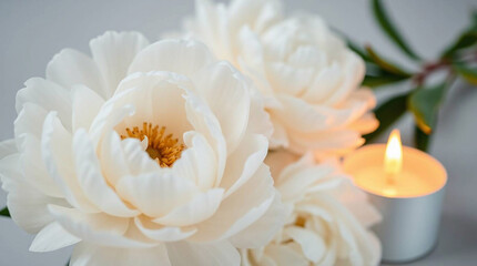 Obraz premium Close-up image of fresh white peony flowers on a light gray background, illuminated by warm candlelight. Petal details emphasized, creating a charming and adorable atmosphere. Banner format with space