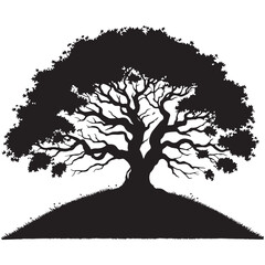 A black vector silhouette drawing of an old tree branch against a grunge autumn backdrop