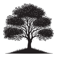 Obraz premium Black vector silhouette of a tree with branches and leaves, a natural art illustration for spring or autumn design