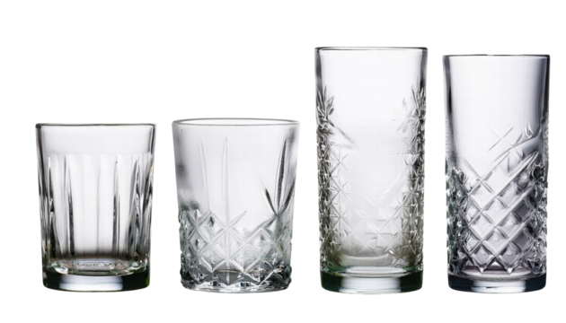 Elegant Collection of Crystal Glasses for Home Bar, Featuring Various Styles and Designs on transparent background