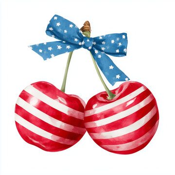 Two cherries in colors of American flad with stropes and stars