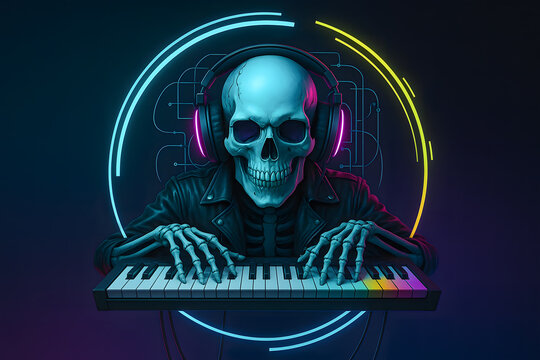 Neon Skeleton DJ Playing Keyboard.