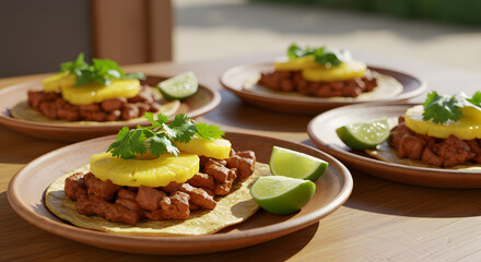 A mouthwatering display of tacos al pastor topped with pineapple and fresh cilantro.
