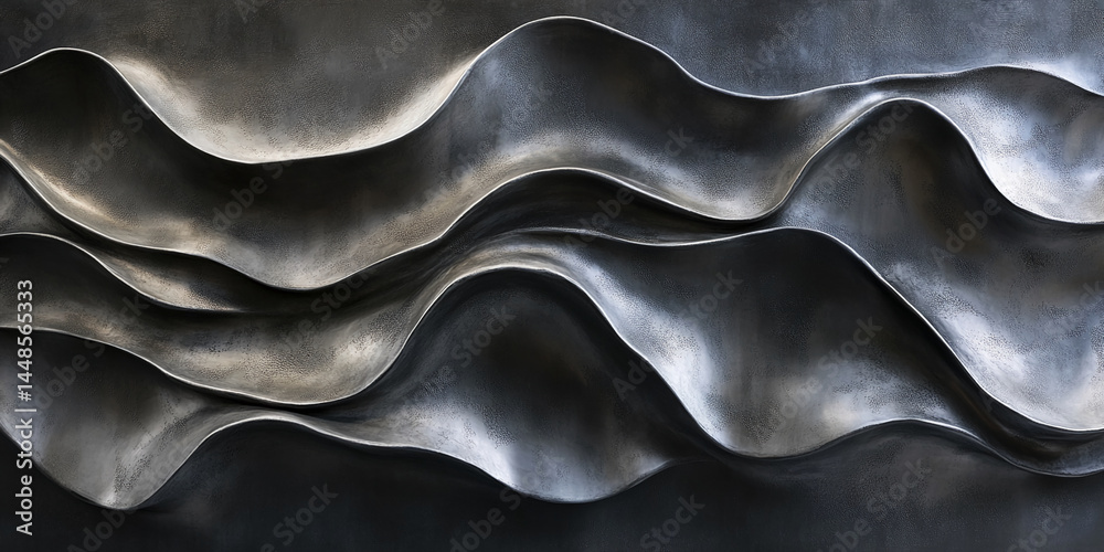 Poster Dark gray metallic texture with wavy, flowing lines creating an abstract, elegant design suitable for modern or minimalist backgrounds
