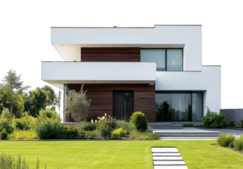 Modern architectural design of a two-story house featuring a blend of white and wooden facades. surrounded by a lush green garden and a clear blue sky in the background. ideal for real estate listings