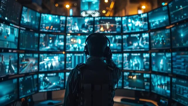 Security Operator Monitors Screens.