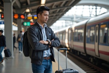 Naklejka premium Patient Asian Man Checking Wristwatch While Waiting with Modern Suitcase on Busy Train Station Platform