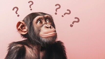 Confused animals : shark, piglet, camel, dolphin, koala, chimpanzee, cow, zebra, turtle and hen, looking into the camera, question marks floating around, soft pink background