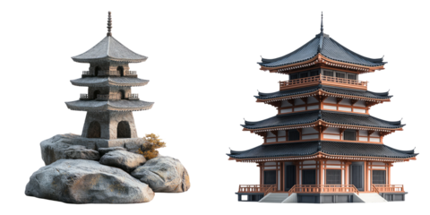 Japanese pagoda towers in traditional style isolated on transparent PNG perfect for Asian architectural illustrations or cultural content