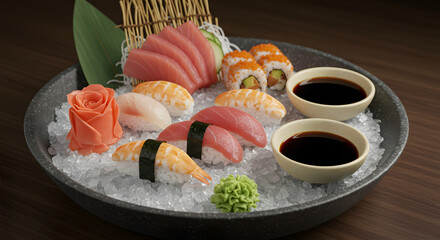 A colorful and appetizing sushi and sashimi platter served with soy sauce and ginger on a wooden surface.