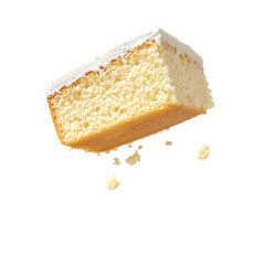 Single Vanilla Sponge Cake Piece Falling  isolated on a transparent background