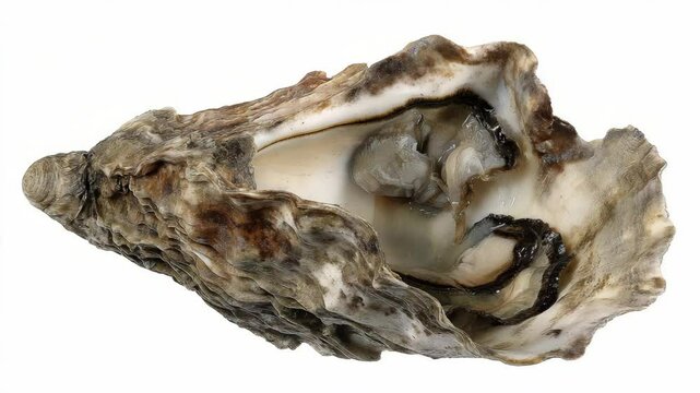 Freshly shucked raw oyster displaying succulent meat inside rough textured shell with wavy edges on a clean white background