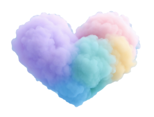 Colorful heart-shaped cloud of pastel hues creating a dreamy and whimsical atmosphere in a digital abstract design
