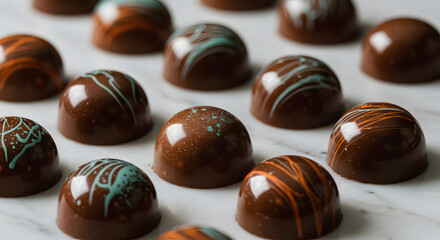 Close-up view of a collection of intricately decorated gourmet chocolates on a marble surface.