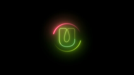Neon alphabet letter u illustration black background.