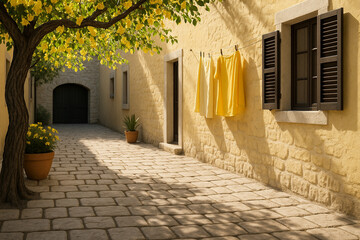 Sunlit Mediterranean Alley with Yellow Blossoms and Hanging Laundry