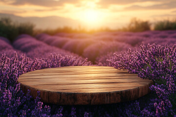 Rustic wood table display against lavender field at dusk. Golden light, serene atmosphere, copy space. Ideal for product placement, aromatherapy, or wellness themes.
