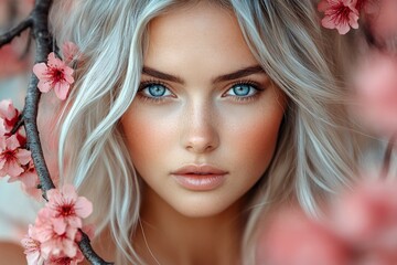 Naklejka premium Pretty caucasian young woman surrounded by cherry blossoms. Commercial graphic depiction. Spring mood, golden hour in sunset. Vibrant commercial spring woman portrait.
