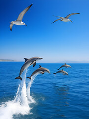 Dolphins jumping out of blue sea, seagulls fly high in blue sky