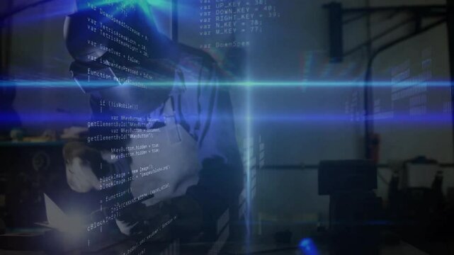 engineer figure leaning over workbench, projecting blue code overlay across workshop in 3D render