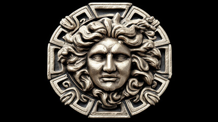 Detailed metallic sculpture of lion head, featuring intricate designs and textures, symbolizes strength and power. artwork is set against black background, enhancing its striking appearance