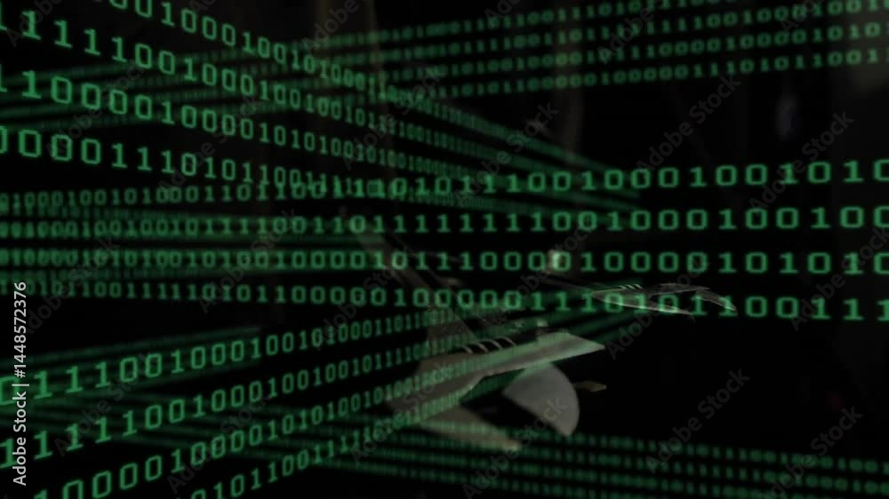 Poster rows of green binary digits streaming across black field, showing depth in 3d animated data flow