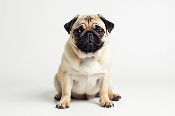 Adorable pug dog sits on white background, looking directly at camera, pet, breed