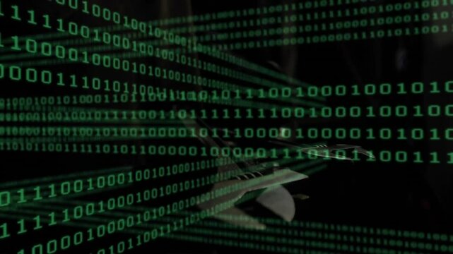 Rows of green binary digits streaming across black field, showing depth in 3D animated data flow