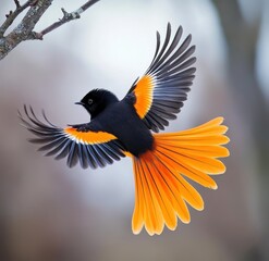Obraz premium Bird in Flight, Orange and Black Feathers, Nature Scene, Perfect for Spring, Use in Bird Photography, Nature Posters, Nature Background, Nature Prints