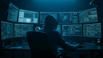 Hacker is sitting at a table and typing on a computer with multiple monitor. Cybercrime and information security concept. Technology of future. Dark room and screen. - Powered by Adobe
