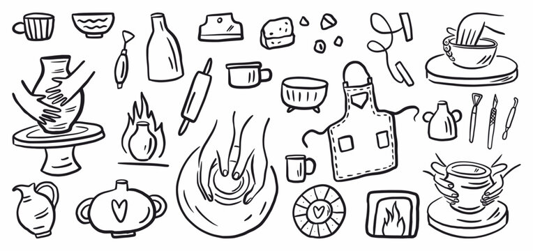 Vector set of pottery workshop elements, tools for handmade clay modeling, hand drawn in doodle style
