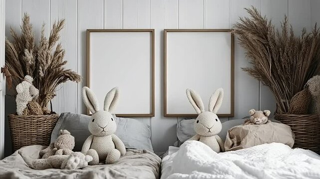 Twin beds with stuffed bunnies, blank frames, and pampas grass in a minimalist kids room