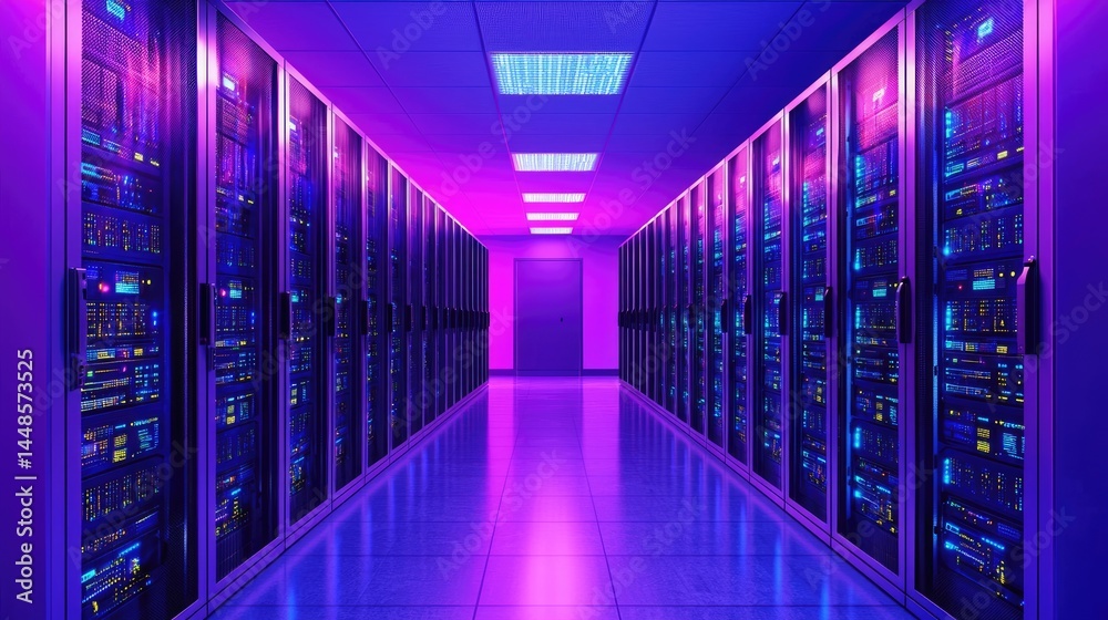 Poster cloud computing concept with glowing cloud icons on server racks, ideal for data storage services, i