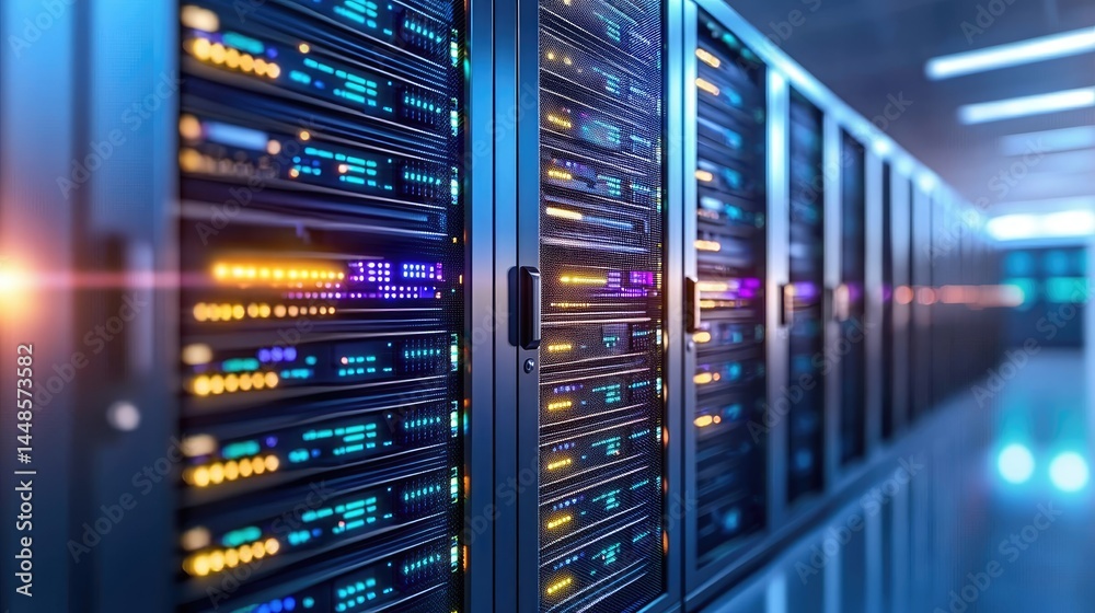 Poster Glowing cloud icon in a modern server room, perfect for illustrating cloud technology, data security, or IT service infrastructure visuals