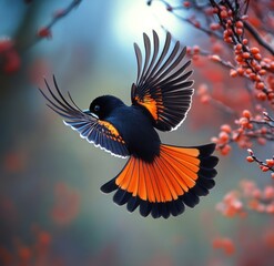 Obraz premium Bird in flight, branches, bokeh. Use for nature wallpaper