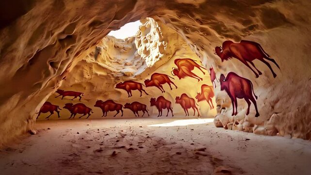 Cave paintings of bison, ochre tones, prehistoric art, for history books