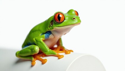Obraz premium Green tree frog perched on white, vibrant skin, wildlife, copy space, white background