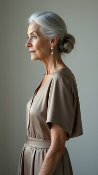 Sophisticated elder in faille ensemble, angled back view. Textured silk, chignon, and natural lighting evoke refined elegance.