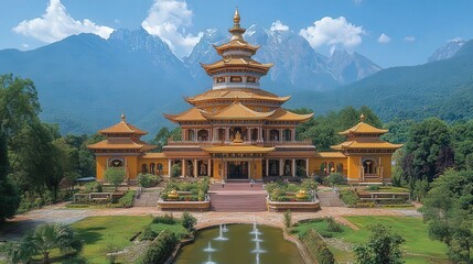 Fototapeta premium Golden temple complex nestled amidst majestic mountains.