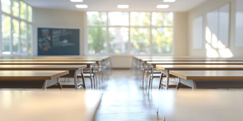 an empty classroom with many desks and windows and a chalkboard 