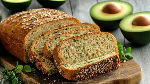 Freshly sliced multigrain bread with avocado on rustic wooden board