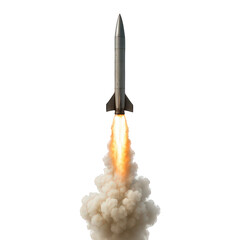 The sleek metallic rocket blasts off from the ground, generating a massive plume of fiery orange exhaust and billowing white.