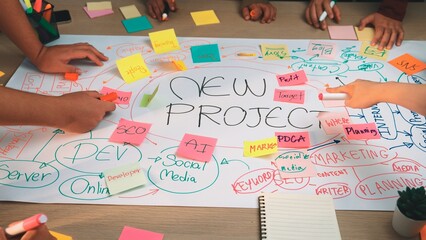 A dynamic brainstorming session showcases a diverse team working on a project map with colorful sticky notes, reflecting creativity and collaboration for innovative ideas. SACTR