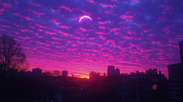 Here's a  and keyword list for your stock photo.. Vibrant purple sunset cityscape with partial solar eclipse.