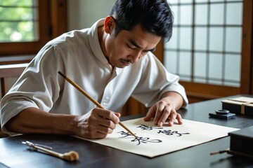 Deep Concentration: Asian Man Practicing Traditional Japanese Calligraphy (Shodo) with Brush on Rice Paper (Premium)