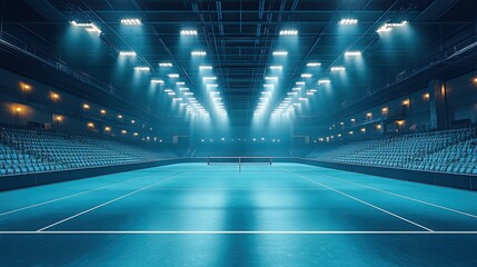 An empty indoor tennis court with blue lighting and rows of empty bleachers.