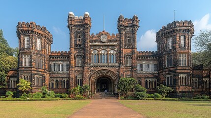 Fototapeta premium Exterior view of a grand, medieval-style edifice.