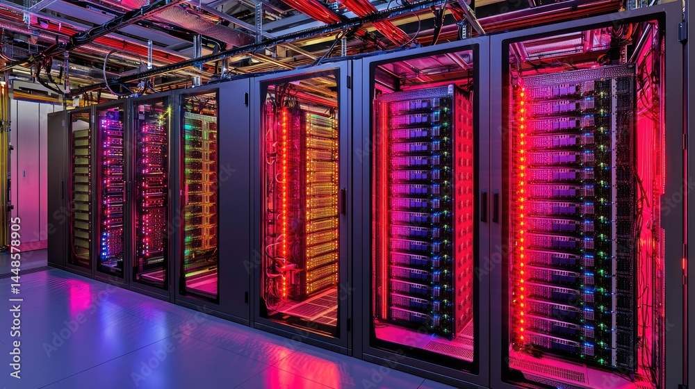 Poster high tech data center with exposed cables and red glowing servers, ideal for cybersecurity themes, i
