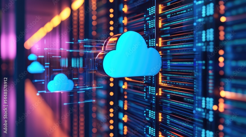 Leinwandbilder stylized blue cloud icon floating in digital server hallway, ideal for cloud infrastructure, ai comp